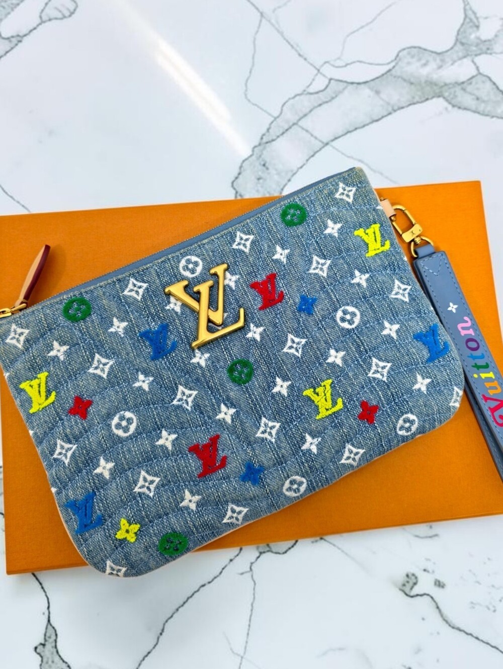 Louis Vuitton New Wave Denim Monogram Wristlet Pouch Multicolor